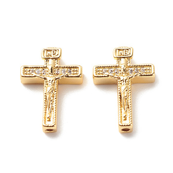 Brass Micro Pave Clear Cubic Zirconia Bead Frames, Cadmium Free & Lead Free, Cross with Jesus Pattern, Golden, 19x13x4mm, Hole: 1.2mm