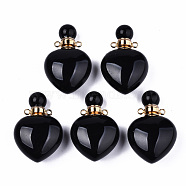 Natural Obsidian Pendants, Openable Perfume Bottle, with Golden Tone Brass Findings, Heart, 33~34.5x22.5x12.5~13.5mm, Hole: 1.8mm, Bottle Capacity: 1ml(0.034 fl. oz)(G-T131-16A)
