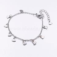 304 Stainless Steel Charm Bracelets, Heart, with 316 Surgical Stainless Steel Cable Chains, Stainless Steel Color, 190mm(BJEW-JB03181)