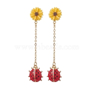 Alloy Enamel Ladybug with Resin Daisy Dangle Stud Earrings, Golden 304 Stainless Steel Chain Tassel Earrings for Women, Red, 69.5mm, Pin: 0.8mm(EJEW-JE05229)