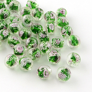 Handmade Luminous Inner Flower Lampwork Beads, Round, Green, 9~10mm, Hole: 1~2mm(LAMP-R129-10mm-06)