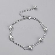 Brass Multi-Strand Anklets, with Bell Charms and Ball Chains, Heart, Platinum, 8-3/8 inch(21.3cm)(AJEW-B005-21P)