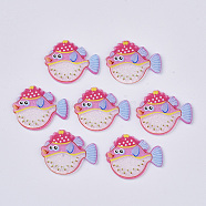 PVC Plastic Cabochons, with Glitter Powder, Pufferfishes, Pink, 22.5x27x2mm(KY-R016-08)
