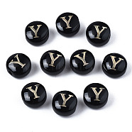 Handmade Lampwork Beads, with Golden Plated Brass Etched Metal Embellishments, Flat Round with Alphabet, Letter.Y, 8x5mm, Hole: 0.8mm(LAMP-S196-001Y)