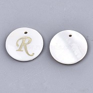 Natural Freshwater Shell Pendants, with Golden Plated Brass Etched Metal Embellishments, Flat Round with Letter, Letter.R, 15x2mm, Hole: 1.2mm(SHEL-N027-04R)