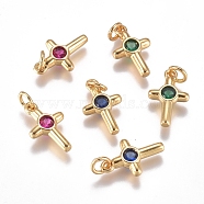 Brass Micro Pave Cubic Zirconia Tiny Cross Charms, with Jump Ring, Long-Lasting Plated, Golden, Mixed Color, 12.5x8x2mm, Hole: 3mm(ZIRC-G168-54G)