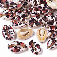 Printed Natural Cowrie Shell Beads, No Hole/Undrilled, with Leopard Print Pattern, Red, 18~21x12~15x7mm(X-SSHEL-R047-01-B04)