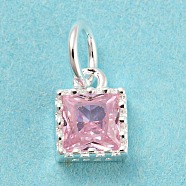 925 Sterling Silver Charms, with Cubic Zirconia, Faceted Square, Silver, Pink, 7x5x3mm, Hole: 3mm(STER-G035-01A-04)