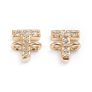 Brass Micro Pave Cubic Zirconia Links Connectors, Long-Lasting Plated, Letter, Clear, Real 18K Gold Plated, Letter.T, 7.2x6.8x2.8mm, Hole: 1mm(X-ZIRC-I042-16G-T)