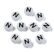 Acrylic Beads, with Enamel and Luminous, Horizontal Hole, Flat Round with Black Letter, Glow in the Dark, Light Grey, Letter.N, 7x3.5mm, Hole: 1.5mm, about 3600~3700pcs/500g(SACR-S273-29N)