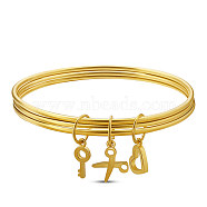 SHEGRACE Brass Charm Bangles, Heart & Key & Scissors, Real 24K Gold Plated, 2-3/8 inch(6cm)(JB627A)