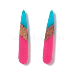 Opaque Resin & Walnut Wood Pendants, Teardrop Charms, Deep Pink, 44x7.5x3.5mm, Hole: 1.5mm(RESI-M027-12I)