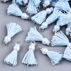 Polycotton(Polyester Cotton) Tassel Pendant Decorations, Mini Tassel, with Golden Tone Iron Findings and ABS Plastic Imitation Pearl, Light Sky Blue, Light Gold, 23mm, Jump ring: 5x0.8mm, 3.4mm inner diameter(X-FIND-T052-13M)