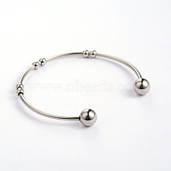 304 Stainless Steel Cuff Torque Bangles, with Round Beads, Stainless Steel Color, 54.5x51mm, 2mm(BJEW-L523-67P)