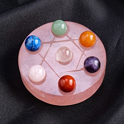 Natural Rose Quartz Seven Star Array Plate, Reiki Energy Stone Display Decoration, for Healing Meditation, Flat Round, 55~60mm(PW-WG16662-01)