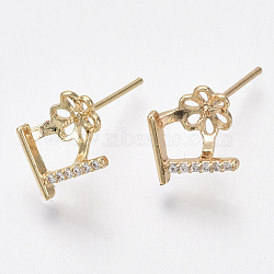 Brass Micro Pave Cubic Zirconia Earring Findings, for Half Drilled Beads, Flower, Nickel Free, Real 18K Gold Plated, Clear, 10x8mm, Pin: 0.8mm, Pin: 0.6mm(for half drilled beads)(KK-S356-050G-NF)