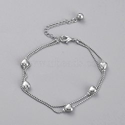 Brass Multi-Strand Anklets, with Bell Charms and Ball Chains, Heart, Platinum, 8-3/8 inch(21.3cm)(AJEW-B005-21P)