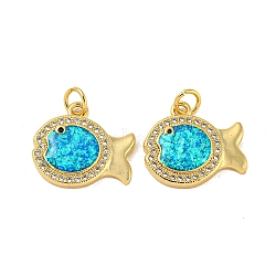 Brass Micro Pave Cubic Zirconia with Synthetic Opal Pendants, with Jump Ring, Real 18K Gold Plated, Fish, Fish, 15.5x17.5x3.5mm(KK-D096-06C-G)