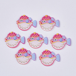 PVC Plastic Cabochons, with Glitter Powder, Pufferfishes, Pink, 22.5x27x2mm(KY-R016-08)