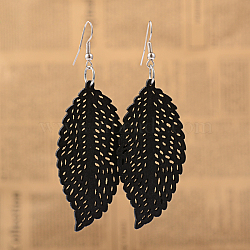 Cute Design Filigree Leaf Wood Dangle Earrings, with Platinum Plated Iron Earring Hooks, Black, 79mm, Pin: 0.8mm(EJEW-I179-08)