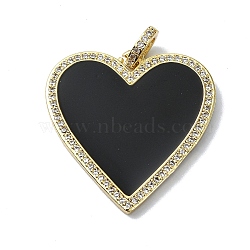 Rack Plating Real 18K Gold Plated Brass Micro Pave Cubic Zirconia Pendants, with Enamel, Long-Lasting Plated, Lead Free & Cadmium Free, Heart, Black, 31x30.5x2.5mm, Hole: 4.5x3mm(KK-B084-03G-04)