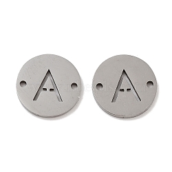 Non-Tarnish 201 Stainless Steel Hollow Flat Round Links, Letter Connector Charms, Stainless Steel Color, Letter A, 12x1mm, Hole: 1.2mm(FIND-R149-03A-P)