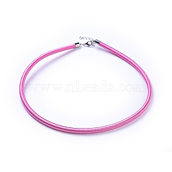 Silk Necklace Cord, with Brass Lobster Claw Clasp and Extended Chain, Platinum, Hot Pink, 18 inch(X-R28ER041)