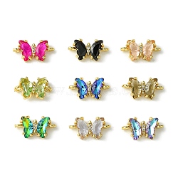 Faceted Glass Butterfly Connector Charms, Brass Micro Pave Clear Cubic Zirconia Links, Light Gold, Mixed Color, 8x15.5x3.5mm, Hole: 1.2mm(ZIRC-XCP0001-02G)