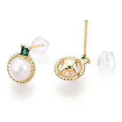 Natural Pearl Stud Earrings with Cubic Zirconia, Brass Round Earrings with 925 Sterling Silver Pins, Cadmium Free & Nickel Free & Lead Free, Real 18K Gold Plated, 10x8mm, Pin: 0.8mm(PEAR-N020-05F)