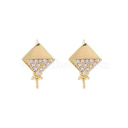Brass Micro Pave Clear Cubic Zirconia Stud Earring Findings, for Half Drilled Beads, Nickel Free, Rhombus, Real 18K Gold Plated, 14x9.5mm, Pin: 0.6mm, pin: 0.6mm(for half drilled beads)(KK-S364-137)