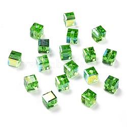 Electroplate Transparent Glass Beads, Faceted Cube, Rainbow Plated, Lime Green, 6x6x6mm, Hole: 1.8mm(EGLA-B003-01A-02)