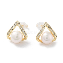 Triangle Natural Pearl Ear Studs with Brass Micro Pave Cubic Zirconia and 925 Sterling Silver Pins, Real 14K Gold Plated, 12x12mm(EJEW-P256-85G)