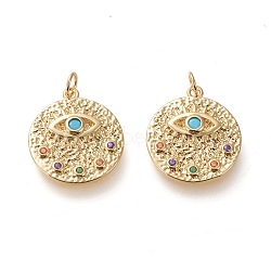 Brass Micro Pave Cubic Zirconia Hammered Pendants, with Jump Rings, Long-Lasting Plated, Flat Round with Eye, Colorful, Real 18K Gold Plated, 17x15x2.5mm, Jump Rings: 5x0.8mm, 3.4mm Inner Diameter(ZIRC-L098-011G)