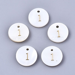 Natural Freshwater Shell Charms, Flat Round with Gold Blocking Number, Num.1, 11x2mm, Hole: 1.5mm(SHEL-Q023-01)