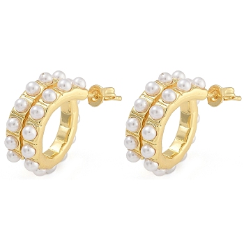 Brass & ABS Imitation Pearl Stud Earrings, Real 18K Gold Plated, Real 18K Gold Plated, 21x8mm