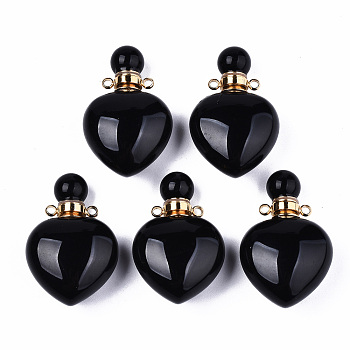 Natural Obsidian Pendants, Openable Perfume Bottle, with Golden Tone Brass Findings, Heart, 33~34.5x22.5x12.5~13.5mm, Hole: 1.8mm, Bottle Capacity: 1ml(0.034 fl. oz)