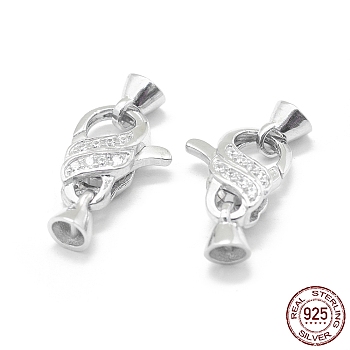 Rhodium Plated 925 Sterling Silver Lobster Claw Clasps, with Cubic Zirconia, Fold Over Clasps, with 925 Stamp, Clear, Platinum, 24.5mm, Clasp: 16x12x6mm, Cord End: 6x5mm, Inner Diameter: 4mm