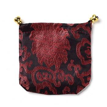 Chinese Style Silk Brocade Jewelry Packing Pouches, Drawstring Gift Bags, Auspicious Cloud Pattern, Brown, 11x11cm