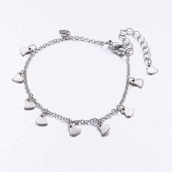 304 Stainless Steel Charm Bracelets, Heart, with 316 Surgical Stainless Steel Cable Chains, Stainless Steel Color, 190mm
