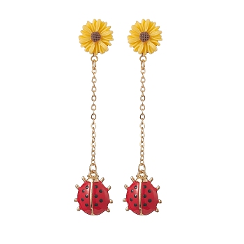 Alloy Enamel Ladybug with Resin Daisy Dangle Stud Earrings, Golden 304 Stainless Steel Chain Tassel Earrings for Women, Red, 69.5mm, Pin: 0.8mm