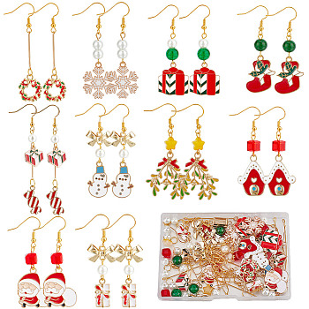 Christmas Earring Making Kit, Including Wreath & House & Gift & Sock Alloy Enamel Pendants, Glass Star & Cube & Imitation Pearl Beads, Brass Earring Hooks, Mixed Color, 150Pcs/box