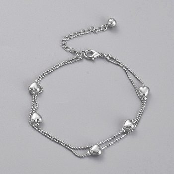 Brass Multi-Strand Anklets, with Bell Charms and Ball Chains, Heart, Platinum, 8-3/8 inch(21.3cm)