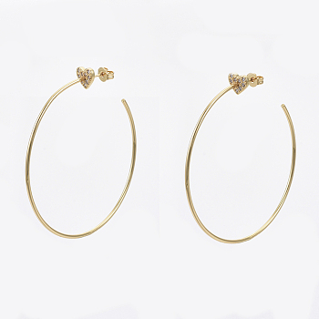 Brass Micro Pave Clear Cubic Zirconia Stud Dangle Earrings, Half Hoop Earrings, with Earring Backs, Nickel Free, Heart, Real 18K Gold Plated, 50x1.5mm, Pin: 0.7mm