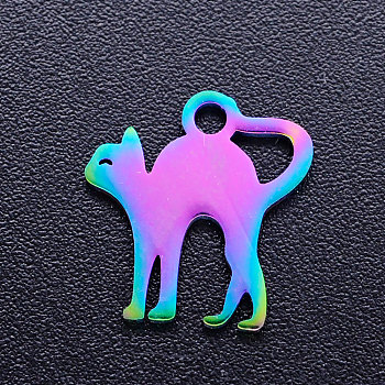 Ion Plating(IP) 304 Stainless Steel Kitten Charms, Cat with Arched Back Shape, Rainbow Color, 12.5x12x1mm, Hole: 1.5mm