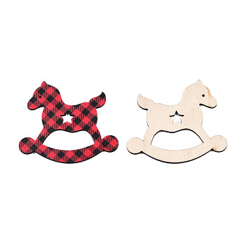 Single-Sided Printed Wood Big Pendants, Rocking Horse Charm with Tartan Pattern, Red, 70x79x2.5mm, Hole: 2mm