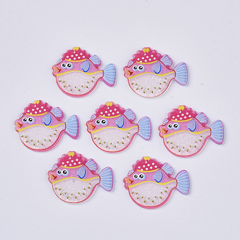 PVC Plastic Cabochons, with Glitter Powder, Pufferfishes, Pink, 22.5x27x2mm