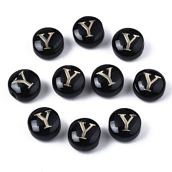 Handmade Lampwork Beads, with Golden Plated Brass Etched Metal Embellishments, Flat Round with Alphabet, Letter.Y, 8x5mm, Hole: 0.8mm