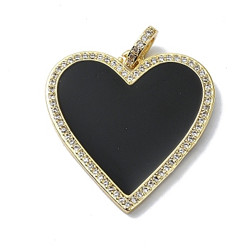 Rack Plating Real 18K Gold Plated Brass Micro Pave Cubic Zirconia Pendants, with Enamel, Long-Lasting Plated, Lead Free & Cadmium Free, Heart, Black, 31x30.5x2.5mm, Hole: 4.5x3mm