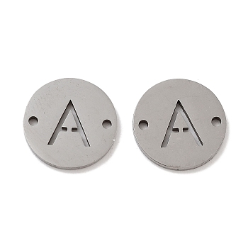 201 Stainless Steel Hollow Flat Round Links, Letter Connector Charms, Stainless Steel Color, Letter A, 12x1mm, Hole: 1.2mm