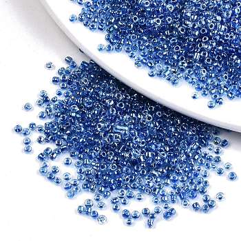 8/0 Glass Seed Beads, Transparent Inside Colours Luster, Round Hole, Round, Blue, 8/0, 3~4x2~3mm, Hole: 0.8mm, about 15000pcs/bag